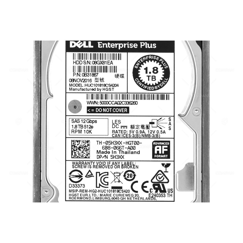 5H3XX CMP DELL HDD 1.8TB 10K SAS 12G 2.5" SFF FOR DELL STORAGE SCV 3020